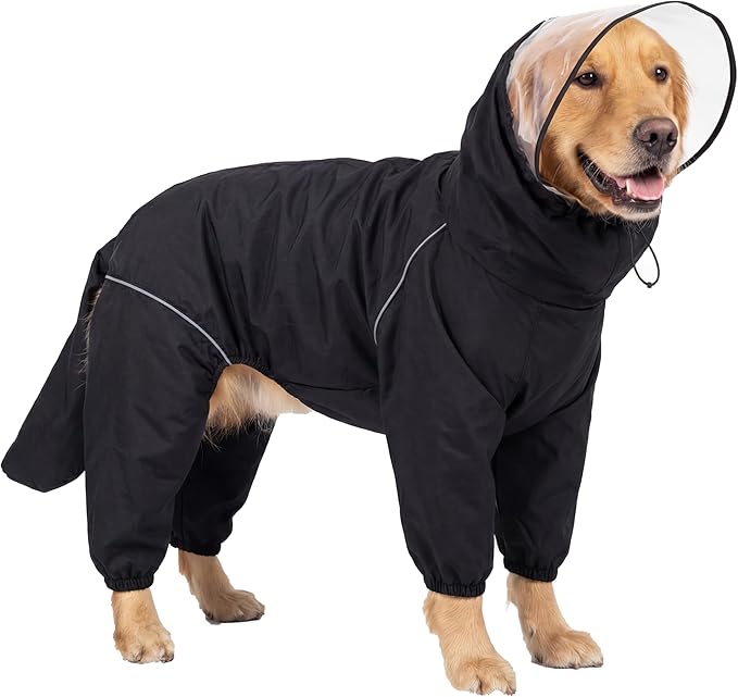 Dog Raincoat for Medium Large Dogs,rain Jacket Coat, Full Leg Coverage Waterproof Rain Suit with Detachable Hood & Tail, Reflective Strips, Snag-Free Top Zipper (Black for Girl, XX-Large)