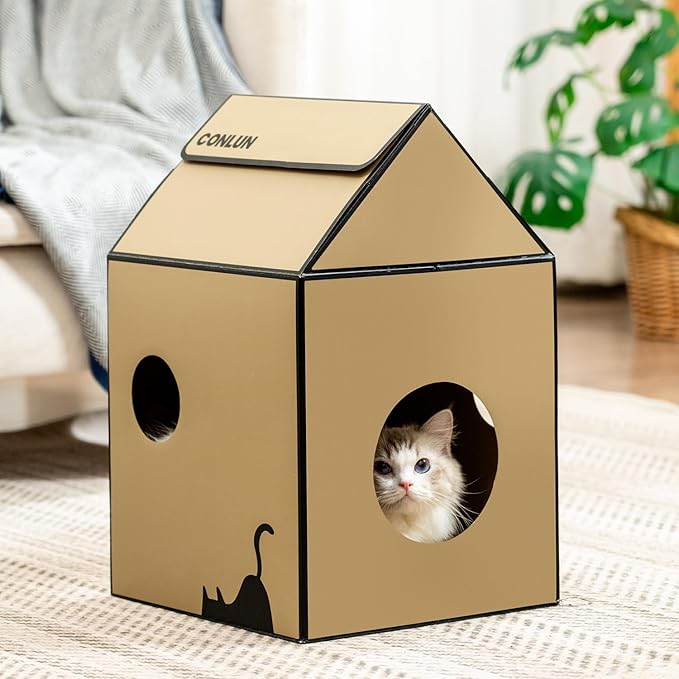 Conlun Cardboard Cat House with Scratch Pad & Catnip, Cat Play Scratching House for Indoor Hideaway Furniture, Heavy Duty Sturdy Cardboard Scratcher, Easy to Assemble Birthday Gift, Medium