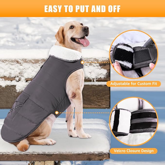 Dog Winter Jacket for X-Large Dogs, Easy on Dog Snow Coat Velcro Waterproof Pet Puffer Coat with Harness Hole Adjustable Reflective Quilted Pet Cold Weather Vest Wind-Poof for Boy Male