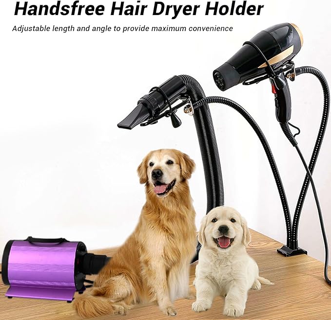 Fabater Dog Hair Dryer Stand, Pet Grooming Table Hair Dryer Holder, Handsfree Blow Dryer Holder, 360° Rotatable Lazy Hair Dryer Stand with Adjustable Clamp Mount for Dog Cat Grooming
