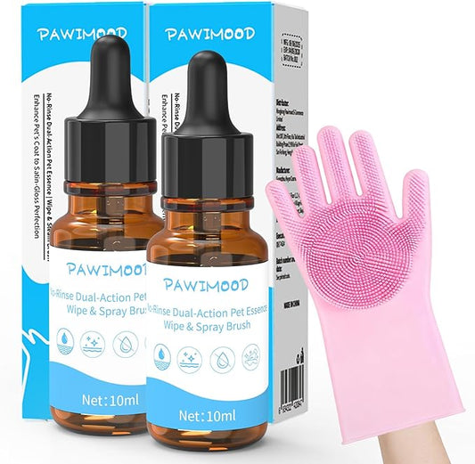 2Pcs Waterless No-Rinse Pet Shampoo Essence for Dogs & Cats with Pink Grooming Gloves | Pomegranate Scent for Skin & Coat Care | Includes 5-Finger Bathing & Massage Gloves for Dogs/Cats