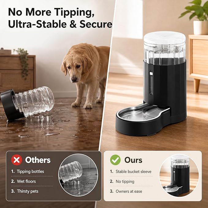 CZPET Dog Water Bowl Dispenser 7L, Wider Mouth & Upgraded Brush for Easy Cleaning Automatic Cat Gravity Refilling Waterer with Removable Stainless Steel Bowl, Large Drinking Area for Multi-Pet (Black)