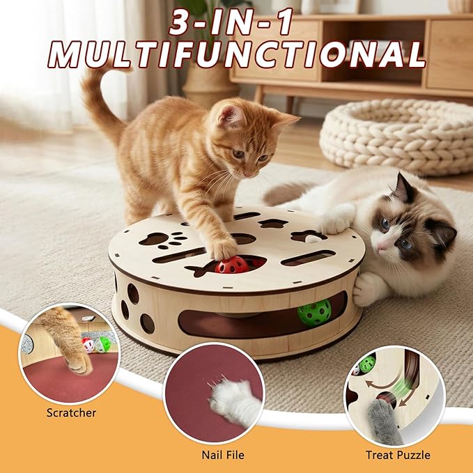 Large Cylindrical Cat Nail File Box, Wooden Cat Scratch Puzzle Box with Sandpaper & Bells, Interactive Cat Scratcher, Stress-Free Nail Trimming for Indoor Cats