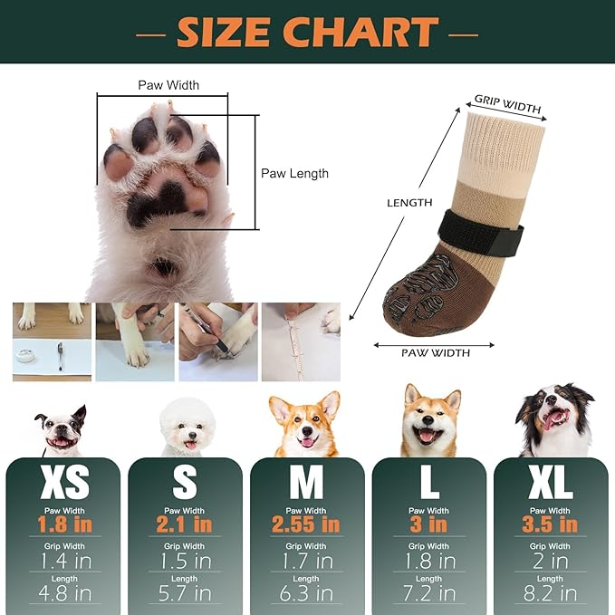 EXPAWLORER Anti Slip Dog Socks to Prevent Licking Paws,Dog Shoes for Hot Pavement, Dog Booties for Hardwood Floors, Dog Boots & Paw Protectors with Grippers for Small Medium Large Senior Dogs Khaki XL