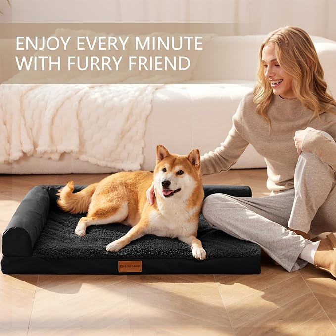 Patas Lague Orthopedic Dog Bed Medium Size Dog 30''X20'', Waterproof L Bolster Medium Pet Sofa Beds with Removable Washable Cover, Soft Comfortable Pet Couch Crate Mat with Nonskid Bottom, Black