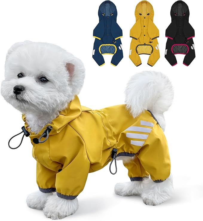 Dog Raincoat, Waterproof Dog Rain Jacket with Hood, Dog Rain Coat with Leash Hole, Reflective Strap for Small Medium Dogs, Lightweight Puppy Clothes(Yellow,XS)