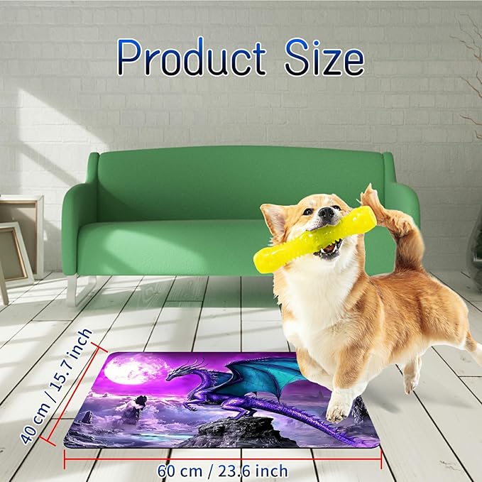 Dog Food Mat, 15.7" x 23.6" Absorbent Pet Feeding Mat for Food and Water, Waterproof Diatom Mud Pet Placemat with Non-Slip Rubber Backing, Cat Bowl Mat for Floors - Purple Moon Dragon