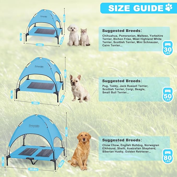 S/M/L Outdoor Elevated Dog Cot with Canopy & Side Shade for Camping Small Medium Dogs (Carry Bag), Portable Cooling Raised Dog Bed