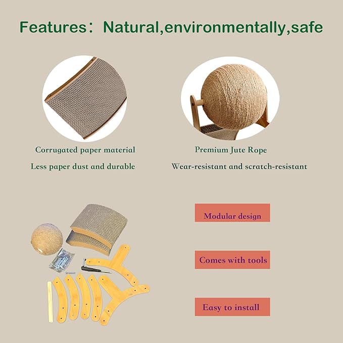 Cat Scratcher with Sisal Ball & Tunnel Toy, Dual-Surface Furniture Protector for Cats, Chinchillas, Hamsters, Rabbits - Stable Wide-Base Arch Design(Not for Large Cats)