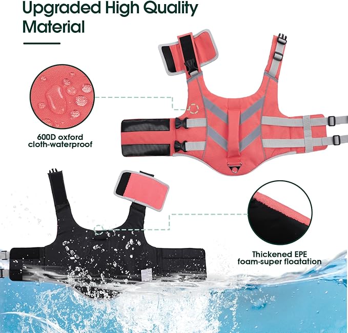 Kuoser Dog Life Jacket with Reflective Stripes, Dog Life Vest for Swimming Boating, Adjustable Pet Lifejackets with High Flotation, Doggie Swimsuit for Small Medium Large Dogs