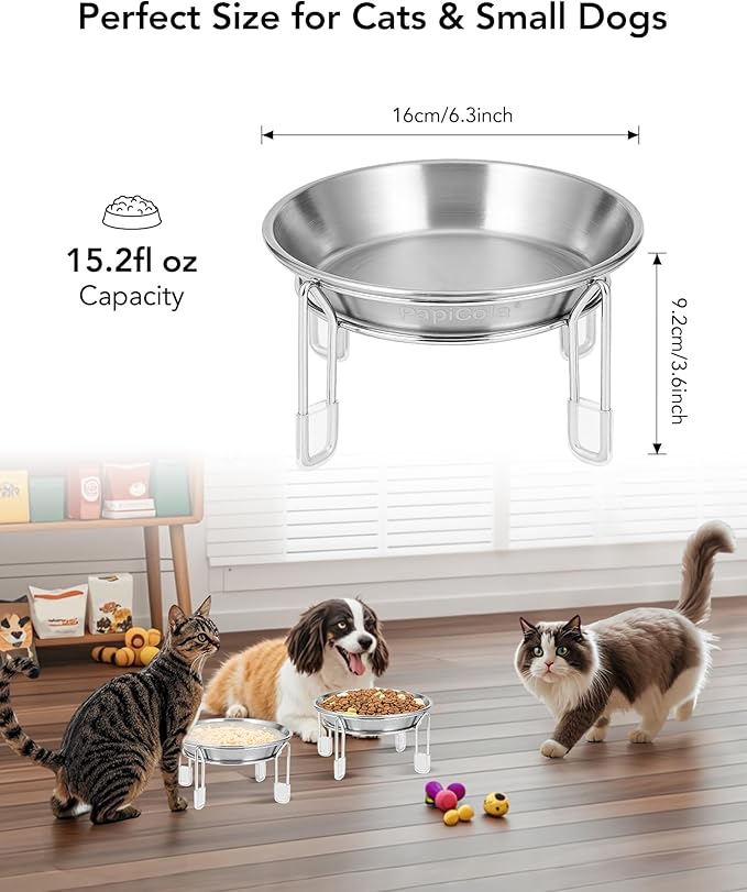 Elevated cat Bowl, 6.3" Wide Raised Stainless Steel Cat Food and Water Dishes, Small Dog Bowl, Whisker Friendly, Anti-Vomiting, Neck Stress-Free, Non-Slip Stainless Steel Stand with 4 Legs- 4Pack