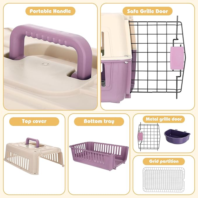 2 Set Hard Plastic Pet Carrier Breathable Dog Cat Kennel with Metal Door Bowl Grille Mat Pet up to 14 Lbs Carrier for Walking Camping Vet Visits Travel, 17.3"L x 11.8"W x 10.6"H(Purple White)