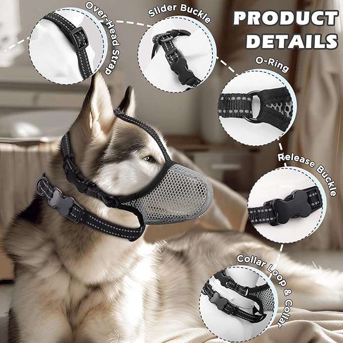 Dog Muzzle,Mesh Soft Muzzle for Small Medium Large Sized Dogs, Breathable Reflective Adjustable Puppy Muzzles with Collar for Scavenging Grooming Biting Chewing,Allows Panting and Drinking(Grey L)