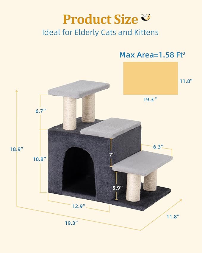 Aechonow 3-in-1 Pet Stairs for Cats, Dog Steps for Small Doggie Rabbits, 6.29''Depth Cat Stairs, Indoor Cat Ladders for High Bed for Pet's Joints, 1 Cat Condo Cave, Sisal Scratcher, Grey, Medium