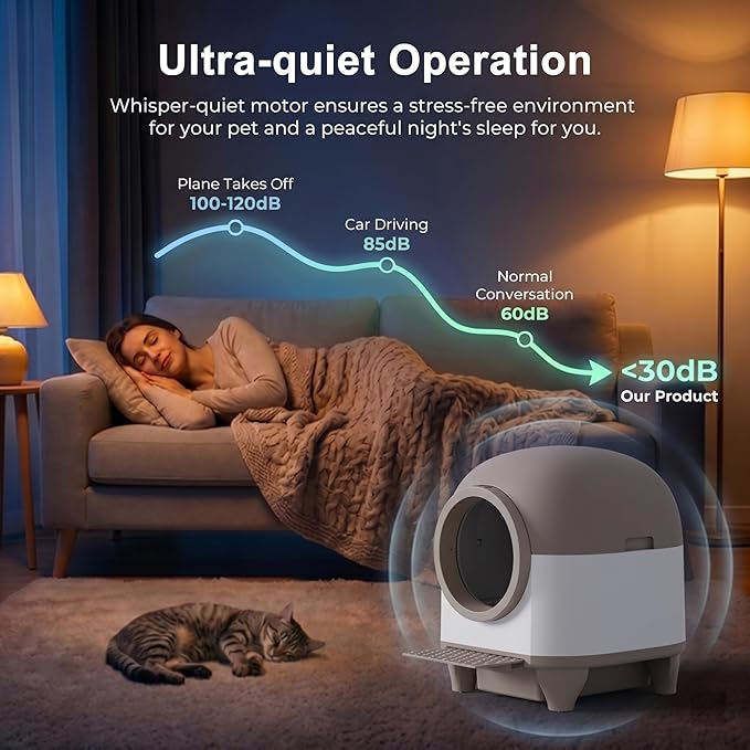 Greesum UltraSmart AutoClean Litter Box - 90L Large Capacity for Multi-Cat Households with Safeguard Tech, APP Control, Odor-Free Design & Mat/1 Roll Litter Bag