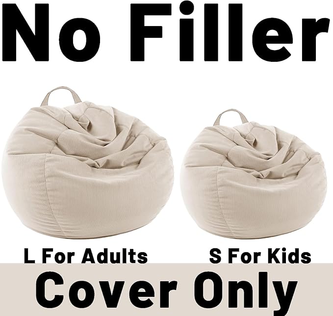 LPMOERA Stuffed Animal Storage Bean Bag Chair Cover (No Filler) For Kids and Adults.Pets Dogs/Cats Lazy Beds.Soft Stuffable Bean Bag For Organizing Children Plush Toys or Memory Foam Cream White L