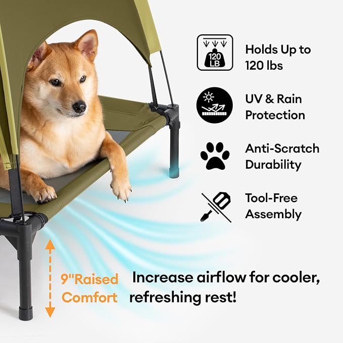 FUNNY FUZZY Elevated Dog Bed with Canopy for Large Dogs up to 120 lbs– Raised Dog Cot Bed with UV Shade,Waterproof,Breathable Mesh,Outdoor & Indoor Use,Portable,Green(36"×30"×7")