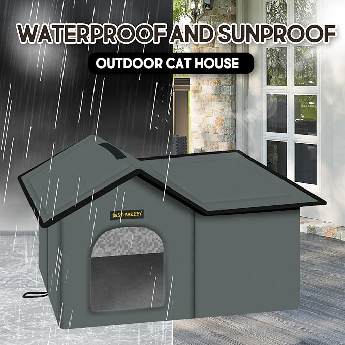 Rest-Eazzzy Cat House for Outdoor Cats, Weatherproof and Insulated Feral Cat House with Mat and Clip, Easy to Put Together, Selfwarming Cat Shelter for Summer(Grey, Waterproof House-L)