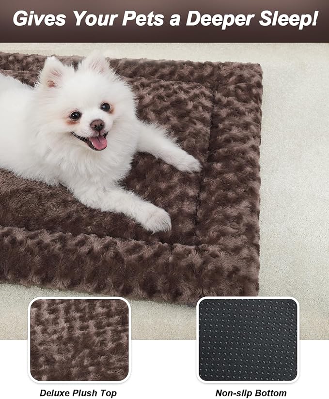 Washable Dog Bed Reversible Dog Beds for Crate Soft Fluffy Kennel Pad Anti-Slip Pet Sleeping Mat for Large Jumbo Medium Small Dogs (Brown, 48.00" x 30.00" x 1.50")