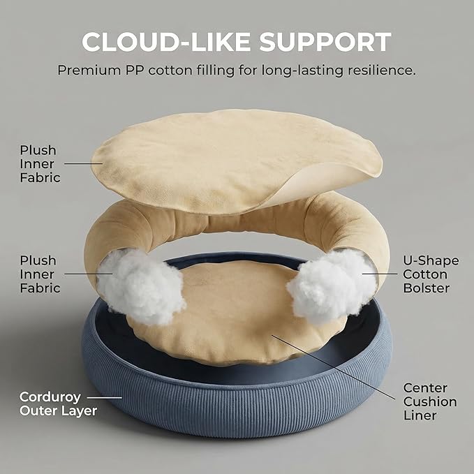 Calming Dog Bed for Small Dogs 16"x20" - Washable Donut Pet Bed with Anti-Slip Bottom, Soft Puppy Bed for Indoor Kittens and Cats with Removable Cover (Beige)