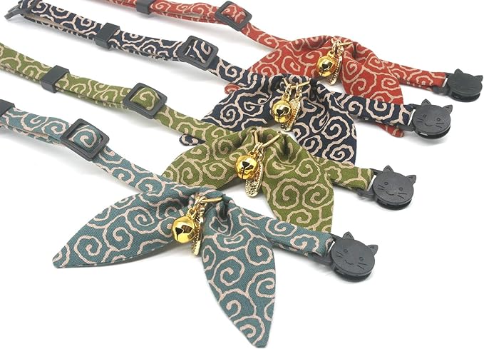 Bunny Ears Cat Collar, Japan Lucky ‘開三運’ Charm. Safety Breakaway Bowtie Kitten Collar with Bell, Navy Blue