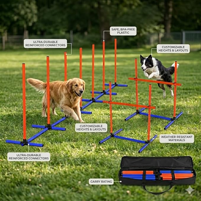 Dog Agility Training Equipment, 4-Sets Adjustable Dog Jumps & Hurdles Set for Backyard, Outdoor Dog Obstacle Course Training Starter Kit with Weave Poles, Pause Box & Carrying Bag for Large Small Dogs