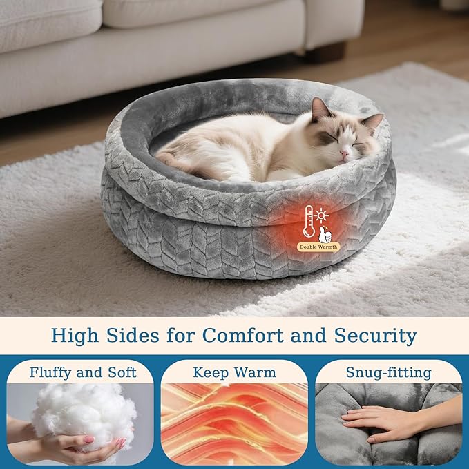 Dual-Layer Donut Cat Bed - Fluffy Round Bed for Small Pets - Ultra-Soft Cat Donut Bed for Cozy Sleep (Grey, 20 * 20 * 5.9 inch / 50 * 50 * 15 cm)