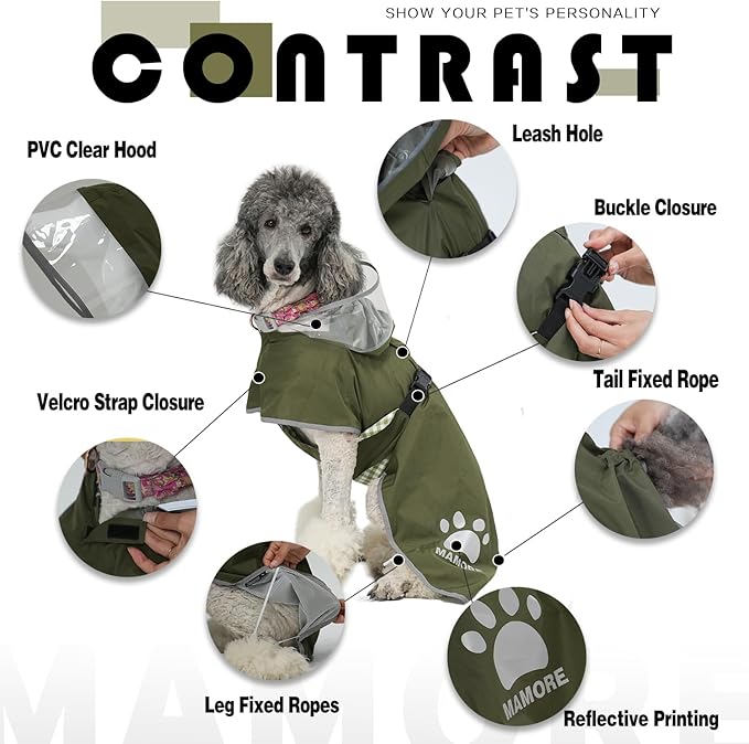 MAMORE Dog Raincoat Hooded Rain Jacket for Small Medium Large Dogs Slicker Poncho Bottom Waterproof Adjustable Reflective Breathable Leash Hole (Army Green, XXX-Large)