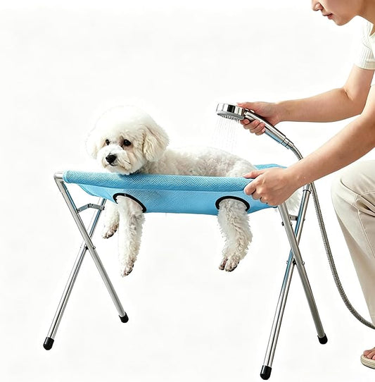 Foldable Pet Grooming Table, Dog Bathing Station with Stainless Steel Frame, Breathable Mesh Hammock for Small Dogs Cats, Portable Dog Grooming Stand for Bathing, Trimming, Nail Clipping (Blue)