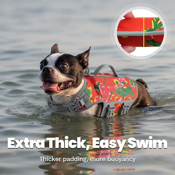 VIVAGLORY High Buoyancy Dog Life Vest, Swimming Vest with Handle, Dog Life Jacket for Swimming & Boating, Buoyancy for Puppy Doggy, M, Northeast Florals-Red