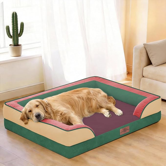 Comfort Expression Orthopedic Dog Bed for Extra Large Dogs 45x35 Inch, Waterproof Egg Crate Foam XL Pet Bed with Bolsters, Dog Couch with Washable Cover & Non-Slip Bottom, Watermelon Meadow