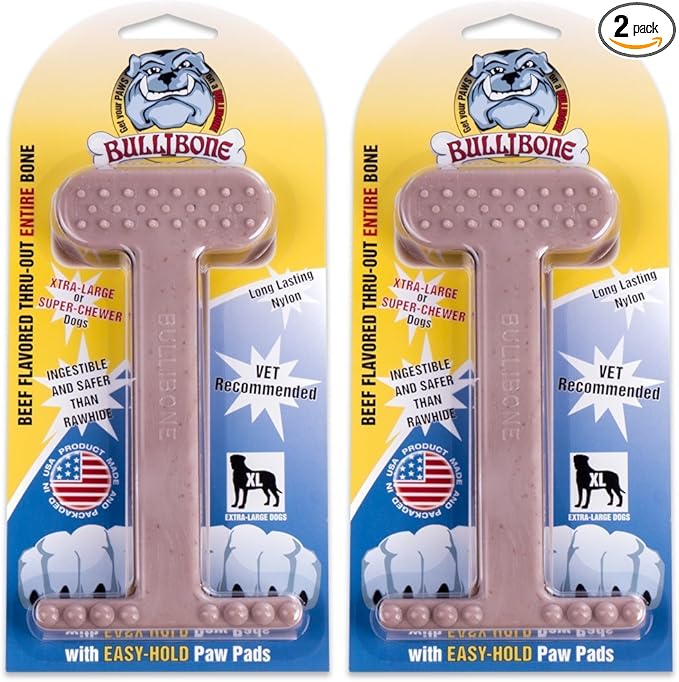 Bullibone Nylon Dog Chew Toy for Aggressive Chewers - Dental Hygiene Bone with Beef Flavor, Durable Tough Chew Toys for Extra Large Dogs, Indestructible Dog Bone - 2 Pack