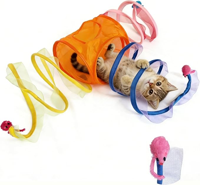Cat Spring Toy-Spiral Cat Tunnel with 3 Realistic Mouse Decor, Retractable Elastic Spring Cat Toy for Indoor Cats
