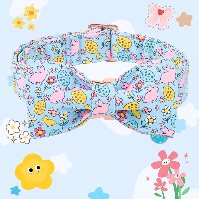 DOGWONG Easer Dog Collar with Bow,Blue Bunny Easter Dog Collars, Adjustable Durable Soft Flower Easter Dog Collar for Male Female Puppy,M