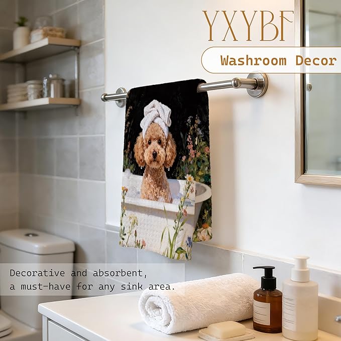 Funny Poodle Hand Towels for Bathroom Washroom Spa Decor 16x24 Inches, Poodle Gifts for Women Dog Lovers, Floral Dog Bathroom Hand Tea Towels Decorative
