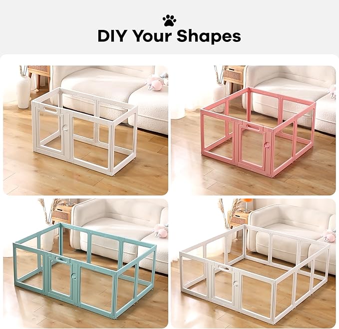 Clear Acrylic Dog Playpen Indoor, Puppy Cat Small Pet Play Pen, Pet Cat Playpen for Rabbits, Dog Fence Crate Kennel Whelping Cage (Pink, 8 Panel)