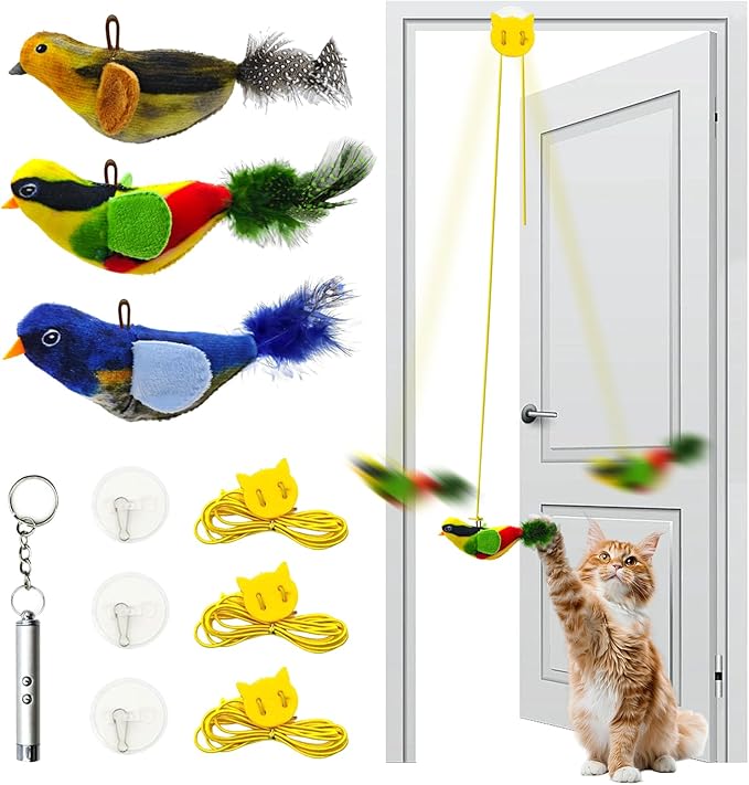 Obfuscate Flying Bird Cat Toy,Realistic Interactive Hanging Cat Toy with Chirping Sound,Retractable Door Frame Toy for Indoor Cats,Suitable for Bored Kittens and Multi-cat households(4Pcs)