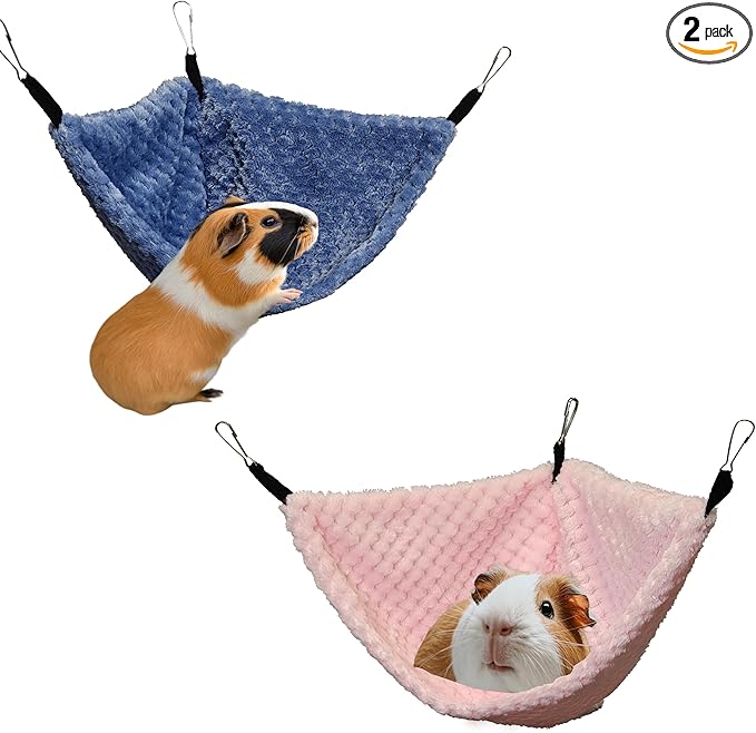 Pack of 2 Hanging Corner Hammock with Hooks for Rats, Squirrels, Sugar Gliders, Guinea Pigs, Hamsters and Other Small Animals. Perfect for Pet Critter Cages. M, Blue+Pink