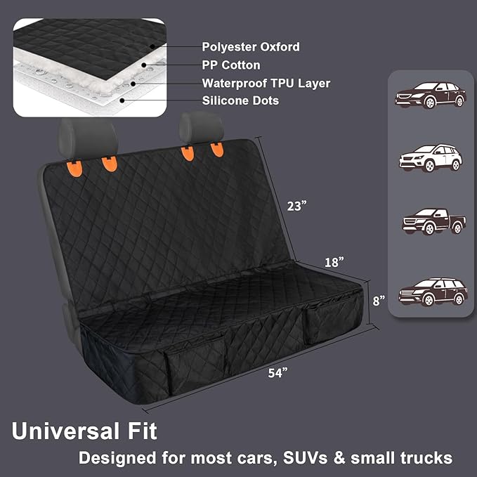 Dog Car Seat Cover for Back Seat, Waterproof and Non-Slip, Heavy-Duty Pet Seat Protector with Full Protection for Rear Bench on Cars SUVs Small Trucks (Black, Standard Back)
