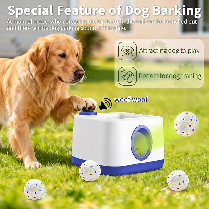 MEKAPLE Automatic Dog Ball Launcher with Barking Function, Auto+Manual Mode Interactive Dog Fetch Toy with 4 Adjustable Distances, Dog Balls Thrower for Small & Medium Dogs, with 4 Durable ETPU Balls