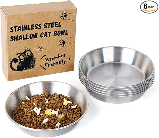 6-Pack Stainless Steel Cat Food Bowls, Shallow Whisker-Friendly Non-Slip Silicone Base Metal Dishes, Easy to Clean Indoor Water Flat Plates for Cat, Kitten, Small Dog (5.9")
