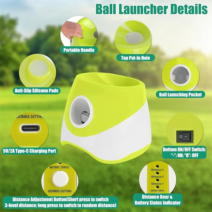 Automatic Dog Ball Launcher, Dog Ball Thrower with 20-46ft 3 Launching Distance, Rechargeable Dog Toy Mental Stimulation Training Game with 2.3" ETPU Balls for Energetic Small Medium Dogs