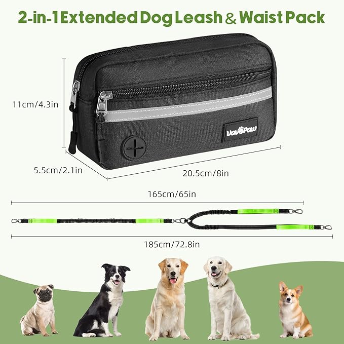 VavoPaw Hands Free Dog Leash for 2 Dogs with Pouch, Waist Leash for Dog Walking, Retractable Leashes with Dual Padded Handles, Adjustable Reflective Belt for Small Medium Large Dogs, Black Green