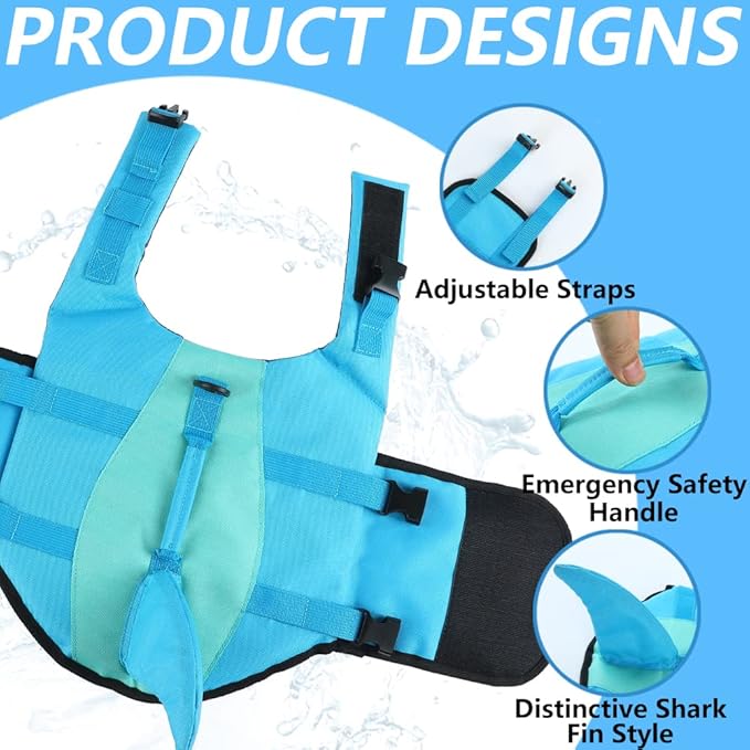 EMUST Shark Dog Life Jackets for Water Safety - Adjustable Ripstop Pet Life Vest with Rescue Handle for Swimming Pool, Beach, Boating (L, Pool Blue)