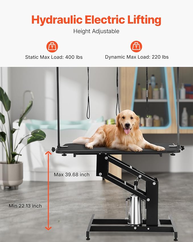VEVOR Hydraulic Pet Grooming Table, 400LBS Static Load Capacity, 42.5 x 24 Inch Dog Grooming Station with Anti-Slip Tabletop and Dual Height Adjustable Arms with Clamps, for Medium and Small Dogs