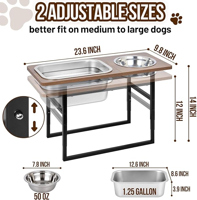 Elevated Dog Bowls for Large and X-Large Breed, 2 Stainless Steel Bowls, 2 Adjustable Heights 14" or 12" Raised Dog Water and Food Bowl with Metal Stand (Upgraded Extra-Large Water Bowl)
