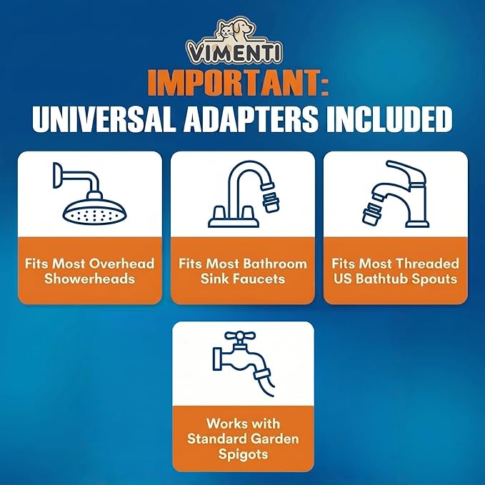Dog Shower Sprayer Kit with Natural Odor-Eliminating Crystals, Pet Bathing Tool with Massage Brush, Easy ON/OFF Switch, 8.2ft Flexible Silicone Hose, Brass Diverter, Lick Mat & Clog-Free Drain