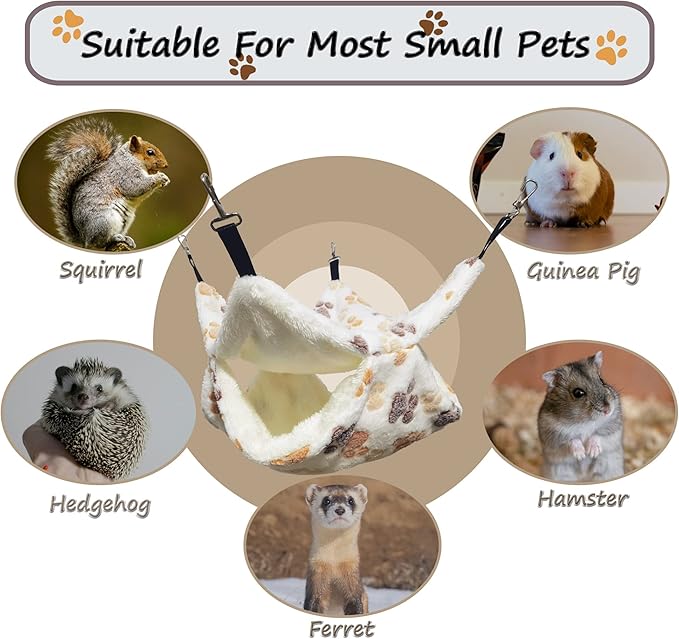 Guinea Pig Ferret Hammock for Cage - Machine Washable Double-Decker Hanging Bed - Fits Sugar Glider,Fancy Rat,Hamster,Gerbil - 13.3" x 13.3" - White-Footprints Pattern
