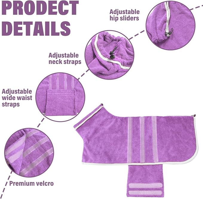 Dog Robe - Fast Drying Towel - Microfiber Super Absorbent Pet Bathrobe, Adjustable Collar & Belly Strap (Purple, Large)