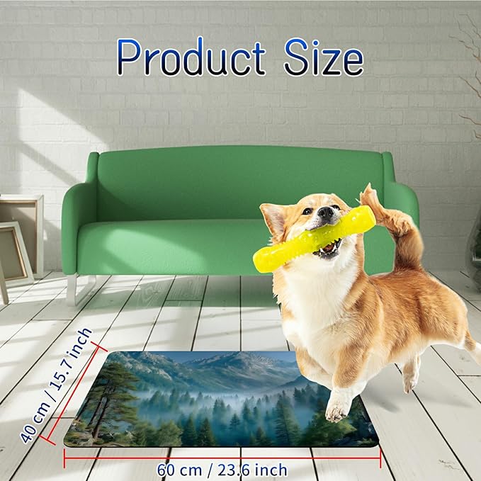 Dog Food Mat, 15.7" x 23.6" Absorbent Pet Feeding Mat for Food and Water, Waterproof Diatom Mud Pet Placemat with Non-Slip Rubber Backing, Cat Bowl Mat for Floors - Green Forest Mountains